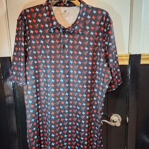 A4 Mens 2XL Black Polo Shirt with Red and White Texas Print